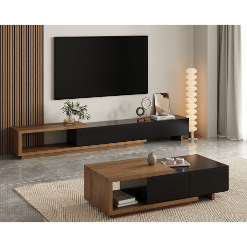 HMR Quoint Extendable TV Stand & Coffee Table Set - Black & Walnut, 1790mm-2550mm