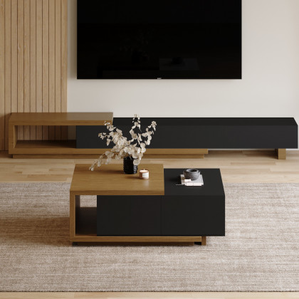 HMR Quoint Extendable TV Stand & Coffee Table Set - Black & Walnut, 1790mm-2550mm