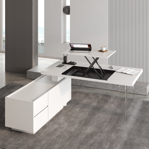 HMR 71.5" Modern L-Shape Standing Executive Desk with Side Cabinet and lifter Desktop - White, Left Hand