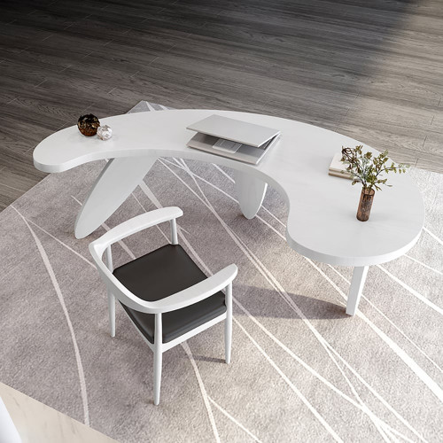 HMR - 55.1" Modern White Curved Desk Wooden Home Office Desk with 3 Oval Legs