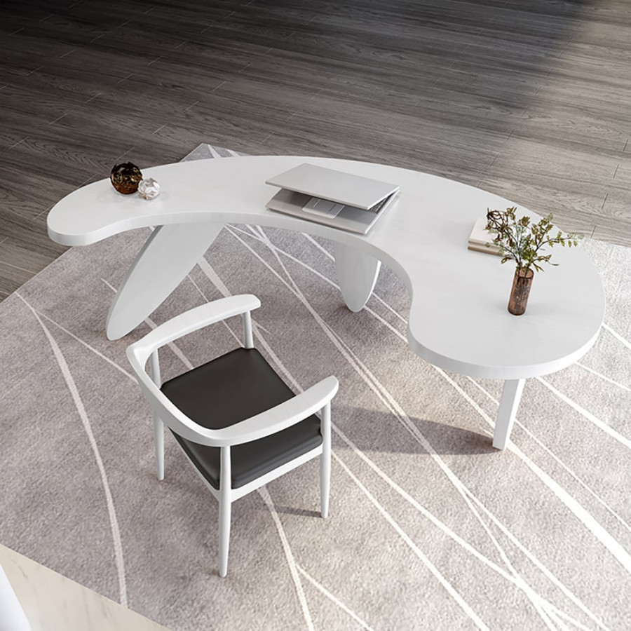 HMR - 55.1" Modern White Curved Desk Wooden Home Office Desk with 3 Oval Legs