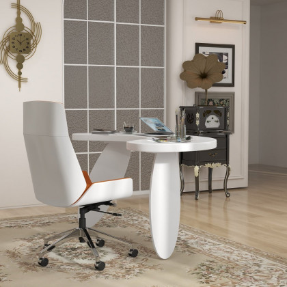 HMR - 55.1" Modern White Curved Desk Wooden Home Office Desk with 3 Oval Legs