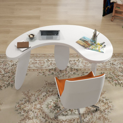 HMR - 55.1" Modern White Curved Desk Wooden Home Office Desk with 3 Oval Legs