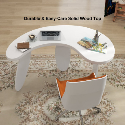 HMR - 55.1" Modern White Curved Desk Wooden Home Office Desk with 3 Oval Legs
