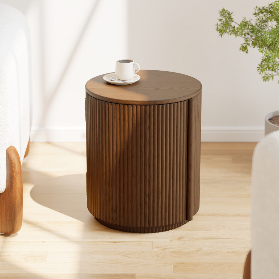HMR - Round Plywood Walnut Fluted Side Table with Storage
