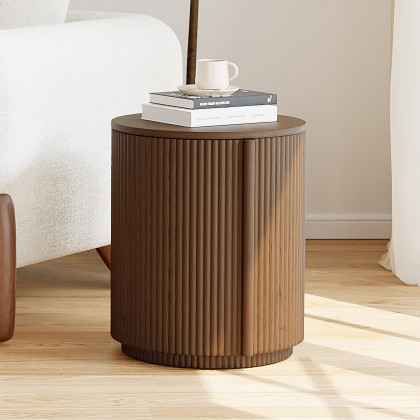 HMR - Round Plywood Walnut Fluted Side Table with Storage