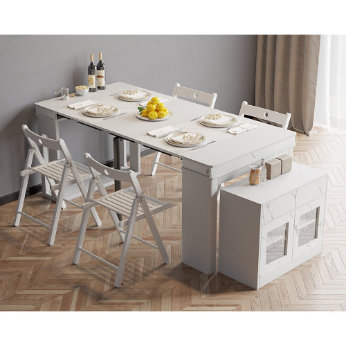 HMR Dining Set 70.9" Farmhouse Rectangle Folding Storage Dining Table With 4 Chairs - White