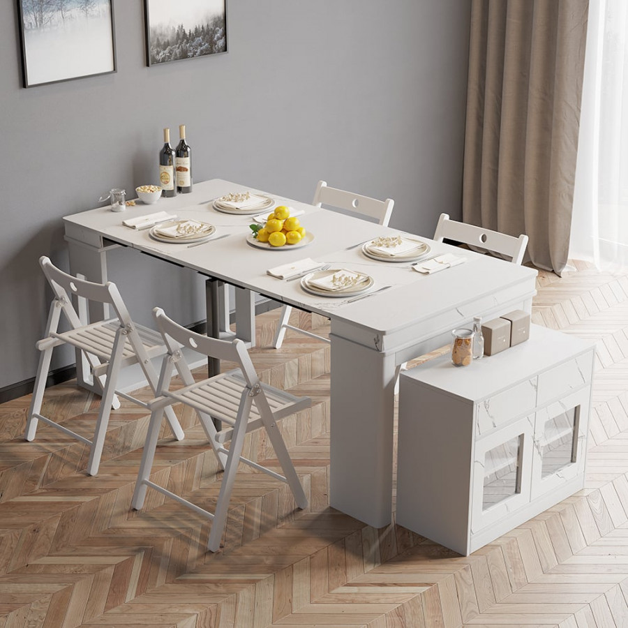HMR Dining Set 70.9" Farmhouse Rectangle Folding Storage Dining Table With 4 Chairs - White