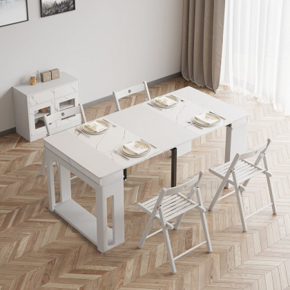 HMR Dining Set 70.9" Farmhouse Rectangle Folding Storage Dining Table With 4 Chairs - White