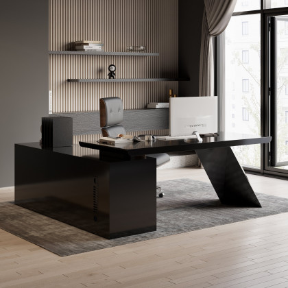 HMR Modern L-Shape Executive Desk & Office Chair Set - Black, 70.9"L x 70.9"W x 29.5"H, Right Hand