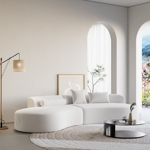 HMR 109" 2-Piece Curved Sectional Sofa with Pillows - White, Velvet