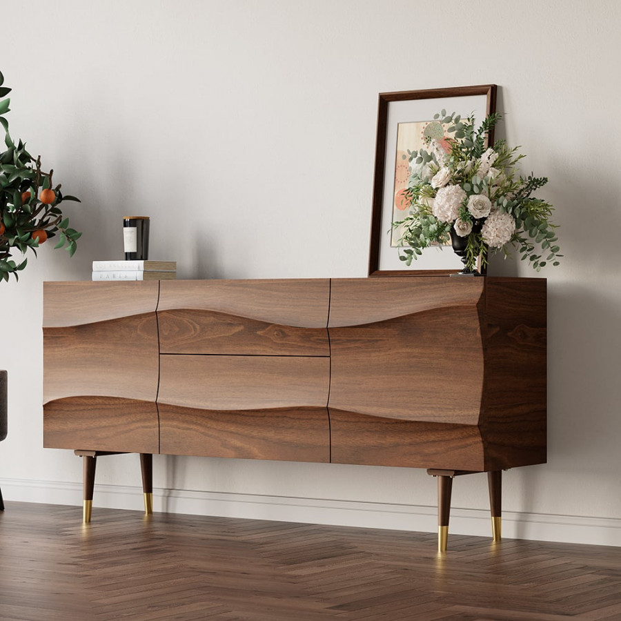 HMR - Lake 71" Walnut Sideboard Credenza with Storage Buffet Kitchen Cabinet Wavy Mid-Century