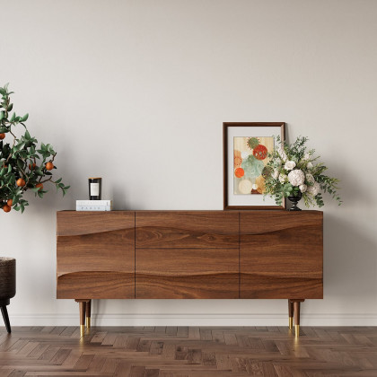 HMR - Lake 71" Walnut Sideboard Credenza with Storage Buffet Kitchen Cabinet Wavy Mid-Century