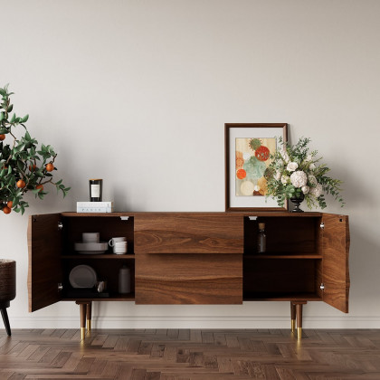 HMR - Lake 71" Walnut Sideboard Credenza with Storage Buffet Kitchen Cabinet Wavy Mid-Century