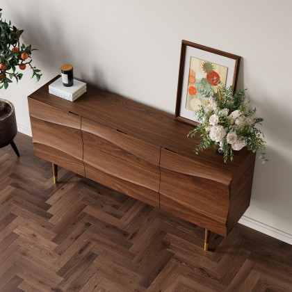 HMR - Lake 71" Walnut Sideboard Credenza with Storage Buffet Kitchen Cabinet Wavy Mid-Century