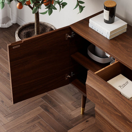 HMR - Lake 71" Walnut Sideboard Credenza with Storage Buffet Kitchen Cabinet Wavy Mid-Century