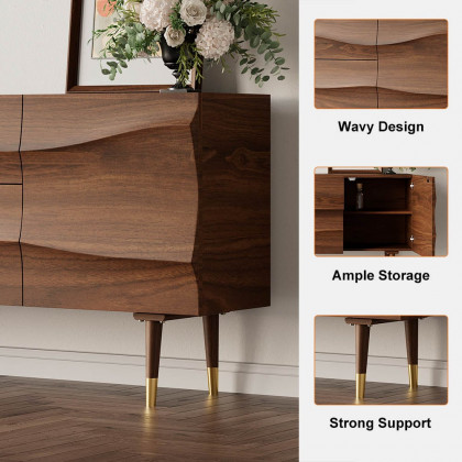 HMR - Lake 71" Walnut Sideboard Credenza with Storage Buffet Kitchen Cabinet Wavy Mid-Century