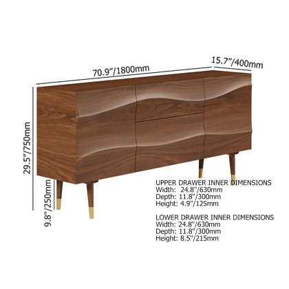 HMR - Lake 71" Walnut Sideboard Credenza with Storage Buffet Kitchen Cabinet Wavy Mid-Century