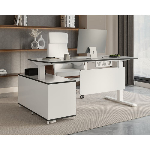 HMR Modern L-Desk Adjustable Electric Standing Desk & Office Chair Set - White, Right Hand