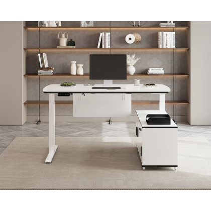 HMR Modern L-Desk Adjustable Electric Standing Desk & Office Chair Set - White, Right Hand