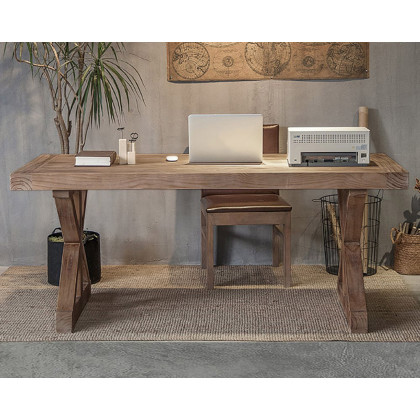 HMR Rustic Farmhouse Wooden Office Desk & Industrial Swivel Office Chair Set - Natural, 47.2"L x 23.6"W x 29.5"H