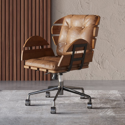 HMR Rustic Farmhouse Wooden Office Desk & Industrial Swivel Office Chair Set - Natural, 47.2"L x 23.6"W x 29.5"H