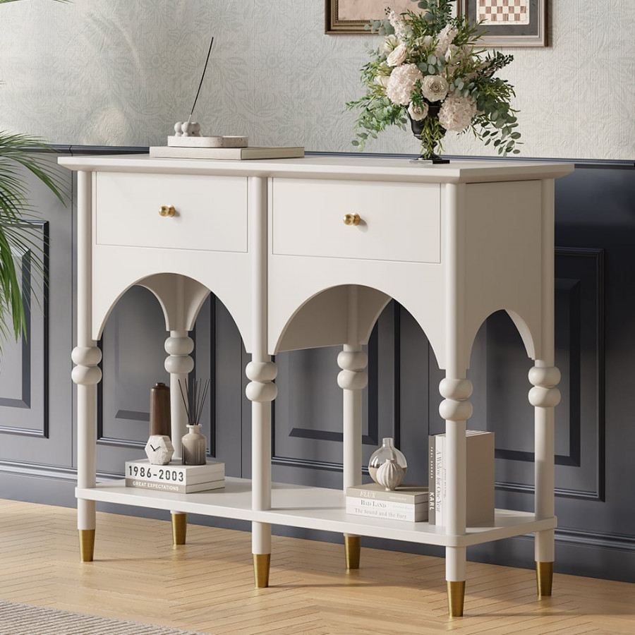 HMR - 39.4" Modern Farmhouse Console Table Wooden White Entryway Table with 2 Drawers & Shlef