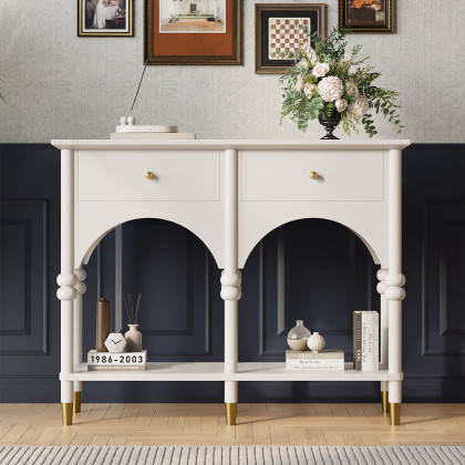 HMR - 39.4" Modern Farmhouse Console Table Wooden White Entryway Table with 2 Drawers & Shlef