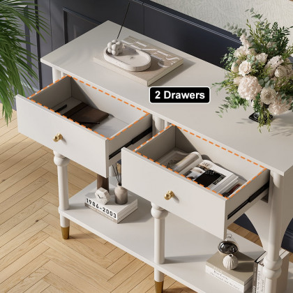 HMR - 39.4" Modern Farmhouse Console Table Wooden White Entryway Table with 2 Drawers & Shlef