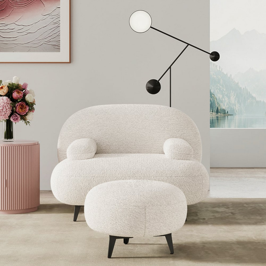 HMR - Modern White Cream Boucle Accent Chair with Pouf Ottoman Set Lounge Chair with Footstool
