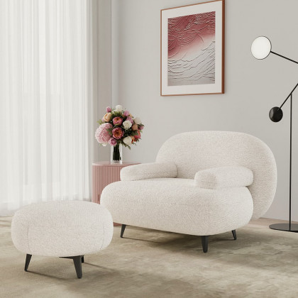 HMR - Modern White Cream Boucle Accent Chair with Pouf Ottoman Set Lounge Chair with Footstool