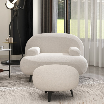 HMR - Modern White Cream Boucle Accent Chair with Pouf Ottoman Set Lounge Chair with Footstool