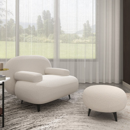 HMR - Modern White Cream Boucle Accent Chair with Pouf Ottoman Set Lounge Chair with Footstool