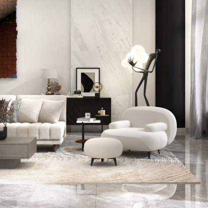 HMR - Modern White Cream Boucle Accent Chair with Pouf Ottoman Set Lounge Chair with Footstool
