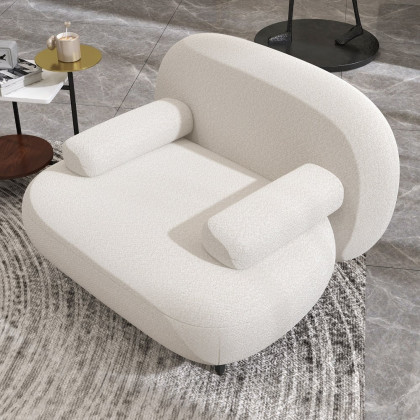 HMR - Modern White Cream Boucle Accent Chair with Pouf Ottoman Set Lounge Chair with Footstool