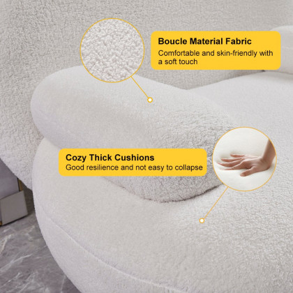 HMR - Modern White Cream Boucle Accent Chair with Pouf Ottoman Set Lounge Chair with Footstool