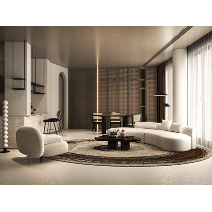 HMR - Modern White Cream Boucle Accent Chair with Pouf Ottoman Set Lounge Chair with Footstool