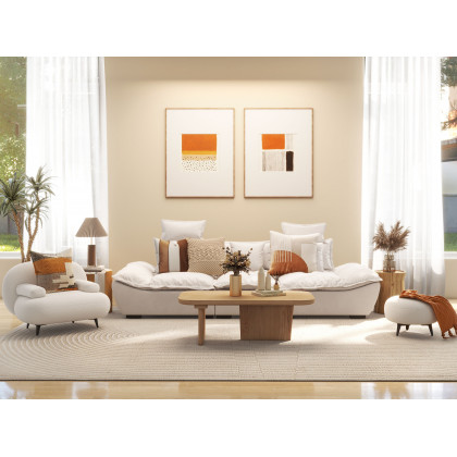 HMR - Modern White Cream Boucle Accent Chair with Pouf Ottoman Set Lounge Chair with Footstool