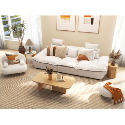 HMR - Modern White Cream Boucle Accent Chair with Pouf Ottoman Set Lounge Chair with Footstool