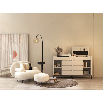 HMR - Modern White Cream Boucle Accent Chair with Pouf Ottoman Set Lounge Chair with Footstool