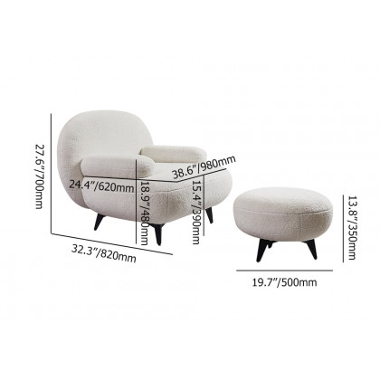 HMR - Modern White Cream Boucle Accent Chair with Pouf Ottoman Set Lounge Chair with Footstool