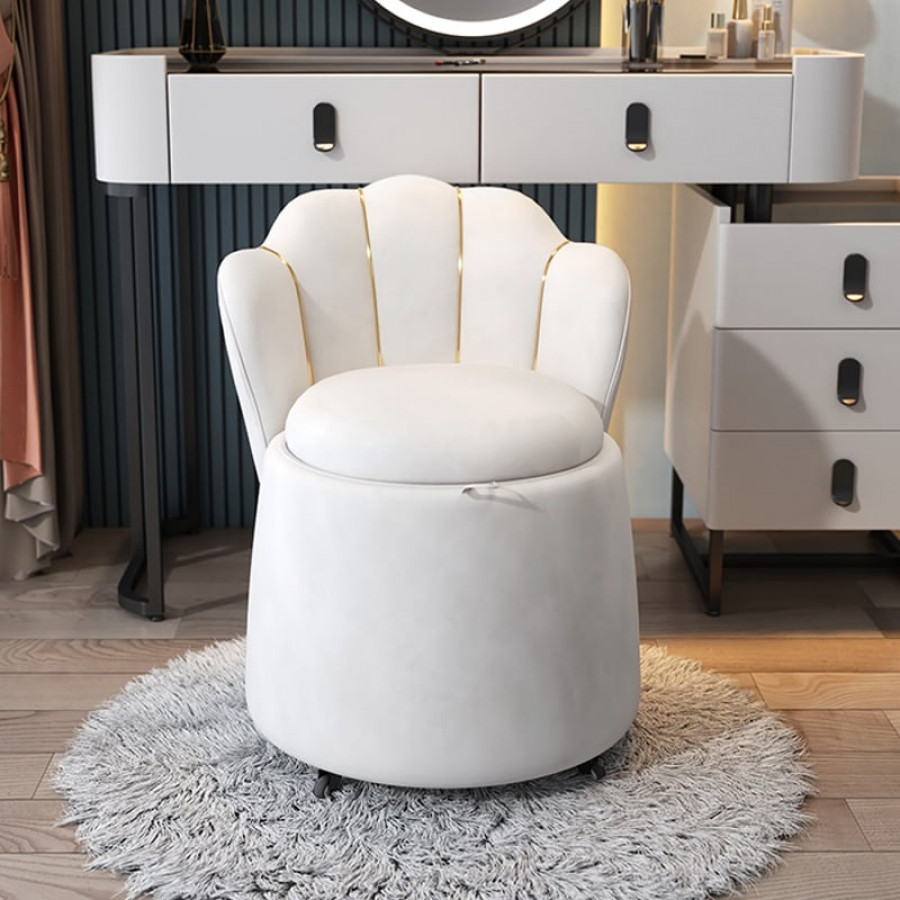 HMR - Modern White Swivel Velvet Vanity Stool Petal Back Makeup Accent Chair