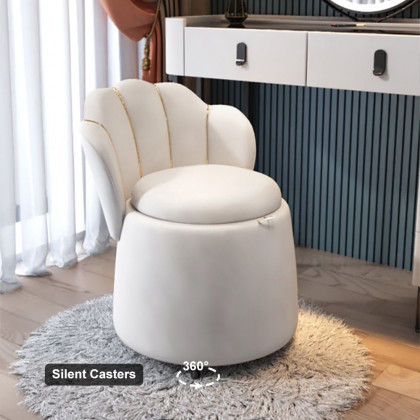 HMR - Modern White Swivel Velvet Vanity Stool Petal Back Makeup Accent Chair
