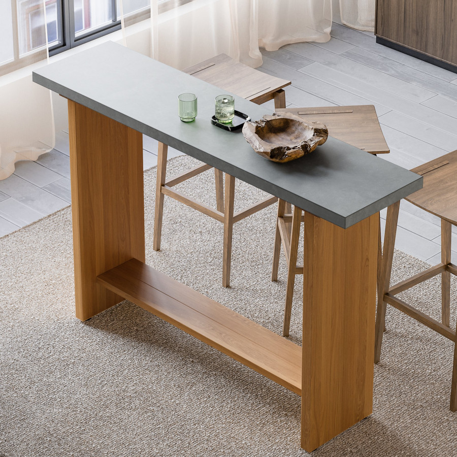 HMR - 55" Concrete Gray Bar Height Pub Table Kitchen Bar Table Solid Wood Natural Pedestal