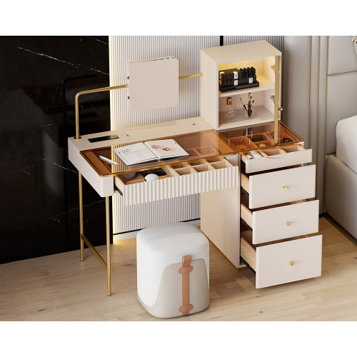 HMR - Chanor Makeup Vanity Set Mirrored Dressing Table with Jewelry Storage & Cabinet & Stool