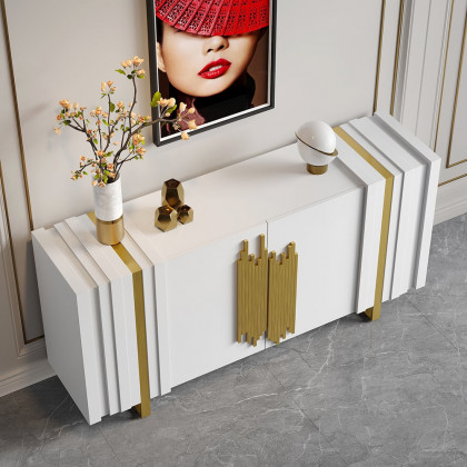 HMR Aurea Series 63" Rectangular Sideboard Buffet with 2 Doors & 2 Shelves - White/Gold