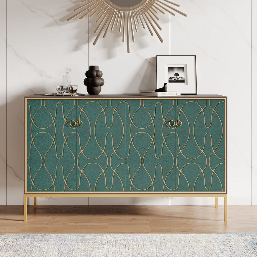 HMR - 59" Modern Lake Blue Sideboard Buffet with Doors Carved Credenza Adjustable Shelves
