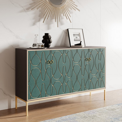 HMR - 59" Modern Lake Blue Sideboard Buffet with Doors Carved Credenza Adjustable Shelves