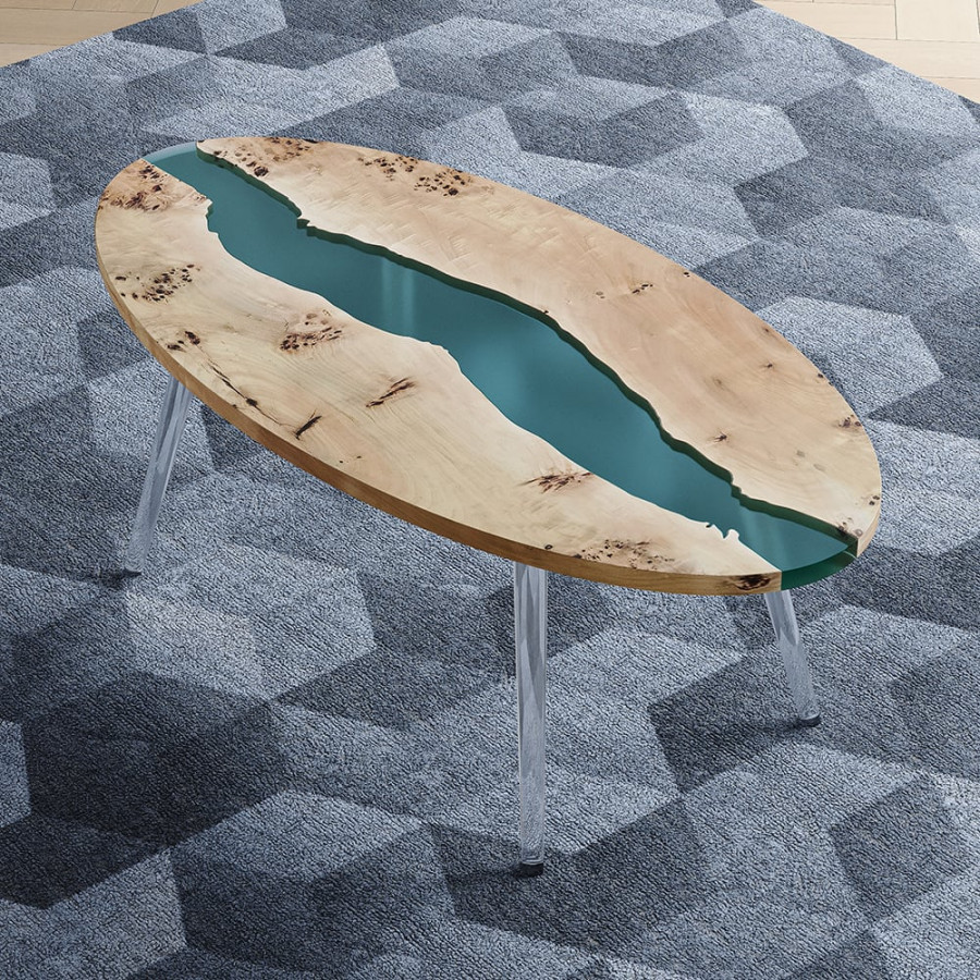 HMR - Modern Natural Oval Coffee Table with Solid Wood & Resin Tabletop & Acrylic Legs
