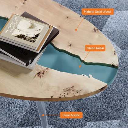 HMR - Modern Natural Oval Coffee Table with Solid Wood & Resin Tabletop & Acrylic Legs